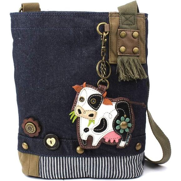 Chala Cotton Canvas Patch Crossbody Messenger Bag - Cow, Denim NWT - Picture 1 of 8